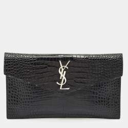 Saint Laurent Black Croc Embossed Leather Uptown Clutch