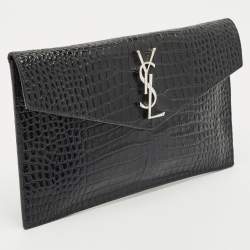 Saint Laurent Black Croc Embossed Leather Uptown Clutch