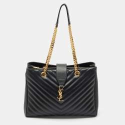 Saint Laurent Black Chevron Leather Cassandre Shopper Tote