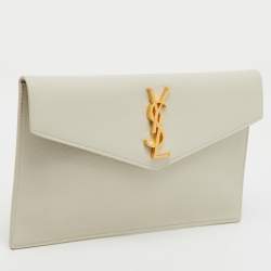 Pre Owned Saint Laurent Cream Leather Uptown Pouch Clutch