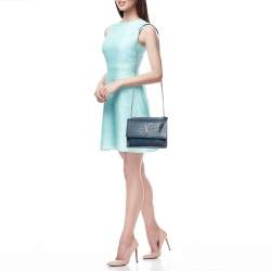 Pre Owned Saint Laurent Blue Croc Embossed Leather Medium Sunset Shoulder Bag