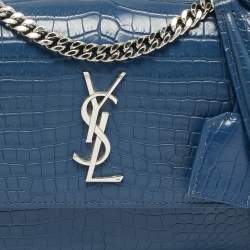 Pre Owned Saint Laurent Blue Croc Embossed Leather Medium Sunset Shoulder Bag