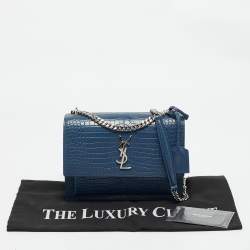 Pre Owned Saint Laurent Blue Croc Embossed Leather Medium Sunset Shoulder Bag