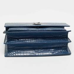 Pre Owned Saint Laurent Blue Croc Embossed Leather Medium Sunset Shoulder Bag