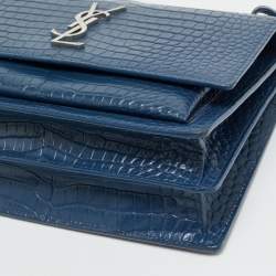 Pre Owned Saint Laurent Blue Croc Embossed Leather Medium Sunset Shoulder Bag