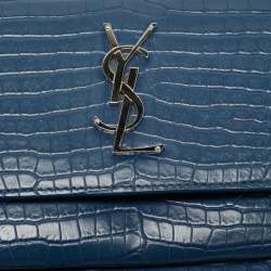 Pre Owned Saint Laurent Blue Croc Embossed Leather Medium Sunset Shoulder Bag