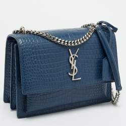 Pre Owned Saint Laurent Blue Croc Embossed Leather Medium Sunset Shoulder Bag