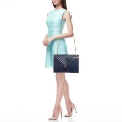 Pre Owned Saint Laurent Blue Matelassé Leather Large Monogram Envelope Shoulder Bag