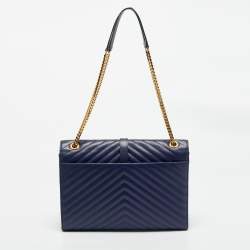 Pre Owned Saint Laurent Blue Matelassé Leather Large Monogram Envelope Shoulder Bag