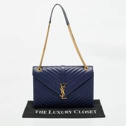Pre Owned Saint Laurent Blue Matelassé Leather Large Monogram Envelope Shoulder Bag