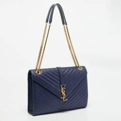 Pre Owned Saint Laurent Blue Matelassé Leather Large Monogram Envelope Shoulder Bag