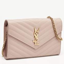Saint Laurent Light Pink Matelassé Leather Cassandre Wallet On Chain
