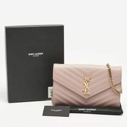 Saint Laurent Light Pink Matelassé Leather Cassandre Wallet On Chain
