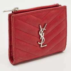 Pre Owned Saint Laurent Red Matelassé Leather Monogram Compact Wallet