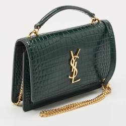 Saint Laurent Green Croc Embossed Leather Sunset Wallet On Chain