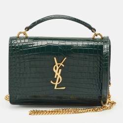 Saint Laurent Green Croc Embossed Leather Sunset Wallet On Chain
