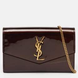 Saint Laurent Brown Patent Leather Uptown Wallet on Chain