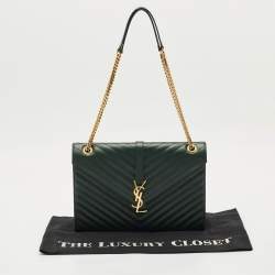 Saint Laurent Green Matelassé Leather Large Monogram Envelope Shoulder Bag