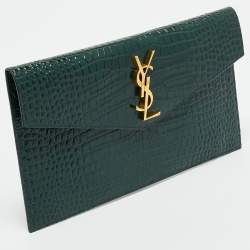 Saint Laurent Dark Green Croc Embossed Leather Uptown Clutch