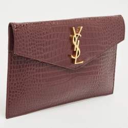 Pre Owned Saint Laurent Burgundy Croc Embossed Leather Medium Uptown Clutch
