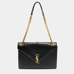 Saint Laurent Black Chevron Leather Large Monogram Envelope Shoulder Bag