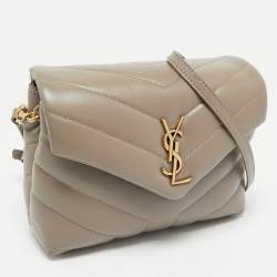 Pre Owned Saint Laurent Dark Beige Matelassé Leather Toy Loulou Crossbody Bag