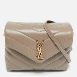 Pre Owned Saint Laurent Dark Beige Matelassé Leather Toy Loulou Crossbody Bag