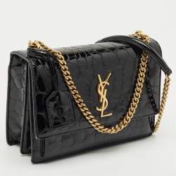 Pre Owned Saint Laurent Black Croc Embossed Patent Leather Medium Sunset Shoulder Bag