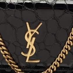 Pre Owned Saint Laurent Black Croc Embossed Patent Leather Medium Sunset Shoulder Bag