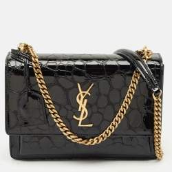 Pre Owned Saint Laurent Black Croc Embossed Patent Leather Medium Sunset Shoulder Bag