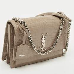 Pre Owned Saint Laurent Beige Croc Embossed Leather Medium Sunset Shoulder Bag