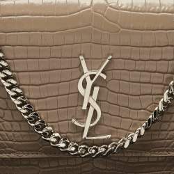 Pre Owned Saint Laurent Beige Croc Embossed Leather Medium Sunset Shoulder Bag