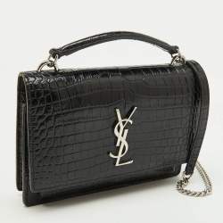 Pre Owned Saint Laurent Black Croc Embossed Leather Sunset Wallet On Chain