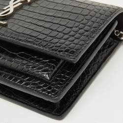 Pre Owned Saint Laurent Black Croc Embossed Leather Sunset Wallet On Chain