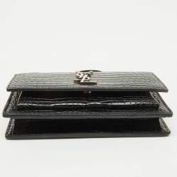 Pre Owned Saint Laurent Black Croc Embossed Leather Sunset Wallet On Chain