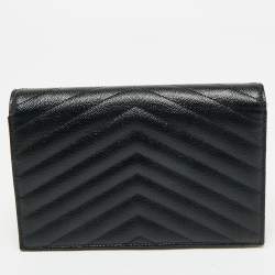Pre Owned Saint Laurent Black Matelassé Leather Cassandre Envelope Wallet on Chain