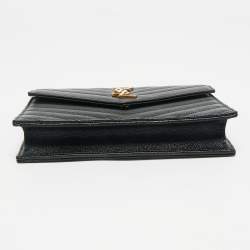Pre Owned Saint Laurent Black Matelassé Leather Cassandre Envelope Wallet on Chain