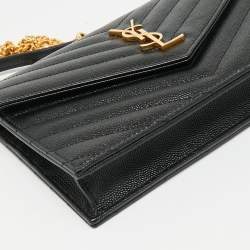 Pre Owned Saint Laurent Black Matelassé Leather Cassandre Envelope Wallet on Chain