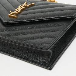 Pre Owned Saint Laurent Black Matelassé Leather Cassandre Envelope Wallet on Chain