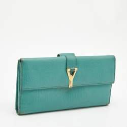 Pre Owned Saint Laurent Green Leather Y-Ligne Flap Wallet