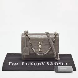 Pre Owned Saint Laurent Grey Croc Embossed Leather Medium Sunset Shoulder Bag