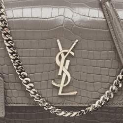 Pre Owned Saint Laurent Grey Croc Embossed Leather Medium Sunset Shoulder Bag