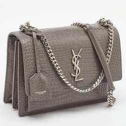 Pre Owned Saint Laurent Grey Croc Embossed Leather Medium Sunset Shoulder Bag