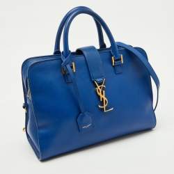 Pre Owned Saint Laurent Blue Leather Medium Monogram Cabas Tote