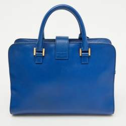 Pre Owned Saint Laurent Blue Leather Medium Monogram Cabas Tote