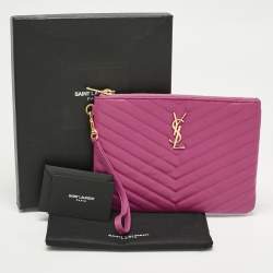 Pre Owned Saint Laurent Fuchsia Matelassé Leather A5 Wristlet Pouch
