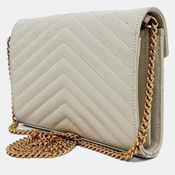 Pre Owned Saint Laurent Paris White Leather Monogram Chain Crossbody Bag