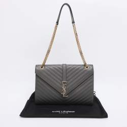 Pre Owned Saint Laurent Grey Matelasse Leather Large Monogram Envelope Shoulder Bag