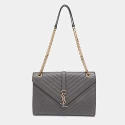Pre Owned Saint Laurent Grey Matelasse Leather Large Monogram Envelope Shoulder Bag