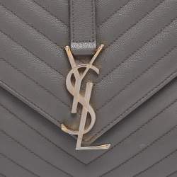 Pre Owned Saint Laurent Grey Matelasse Leather Large Monogram Envelope Shoulder Bag